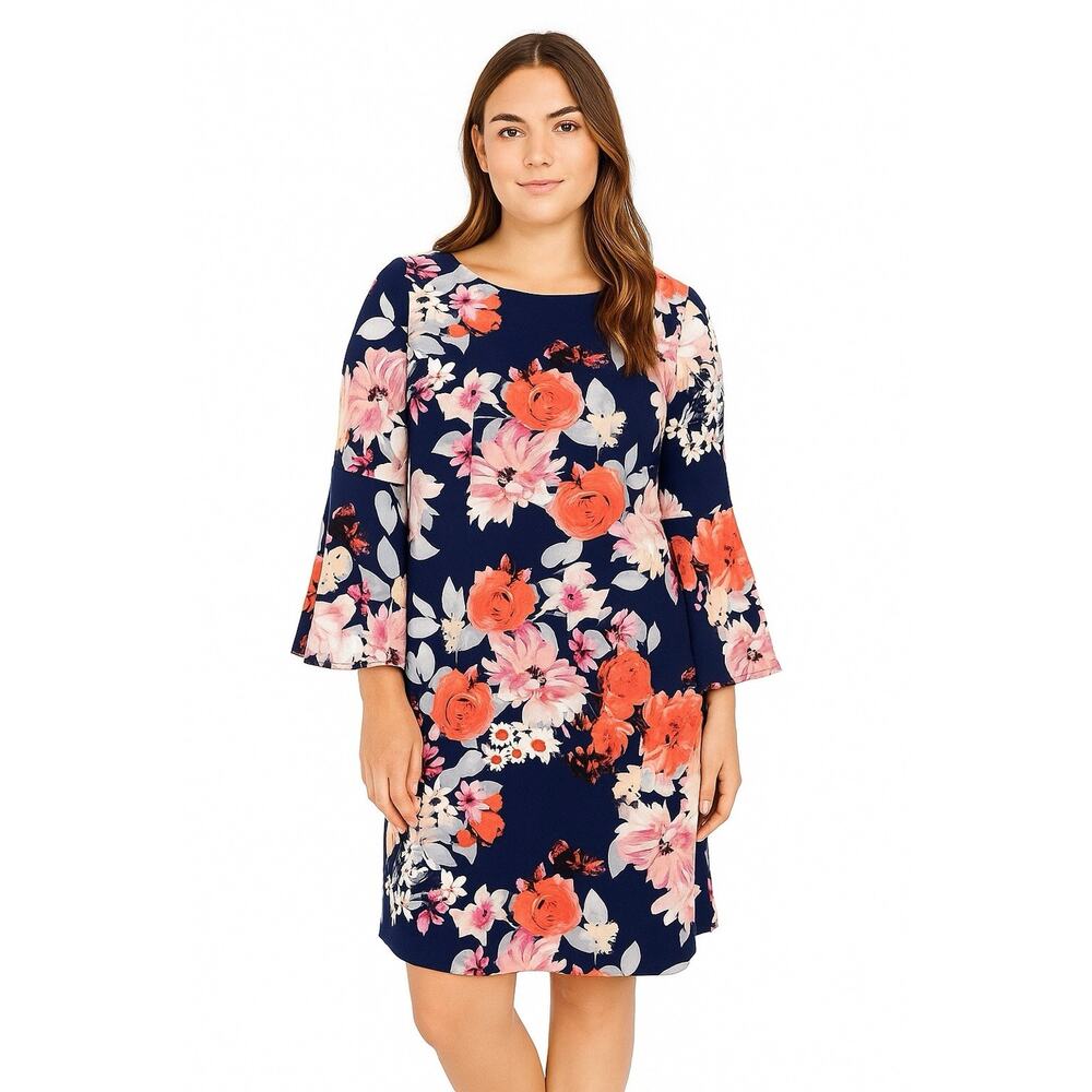 Eliza J Floral Print Shift Dress 12 Navy Blue Pink Bell Sleeve‎ Wedding Guest